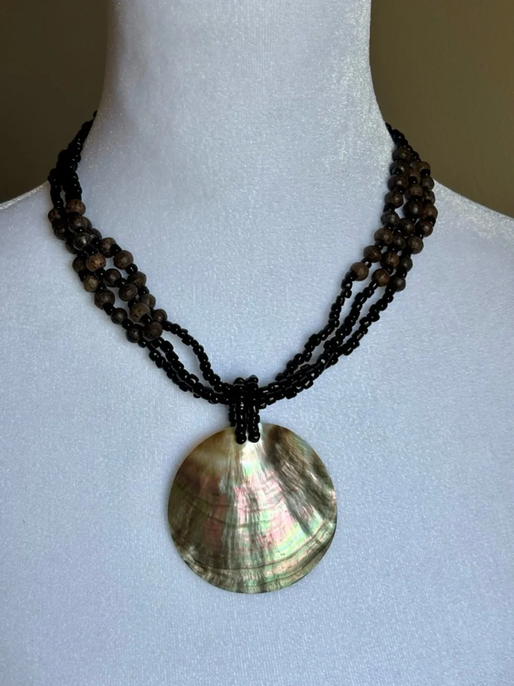 Abalone Pendant Statement Necklace Multi Strand Beaded Boho Style